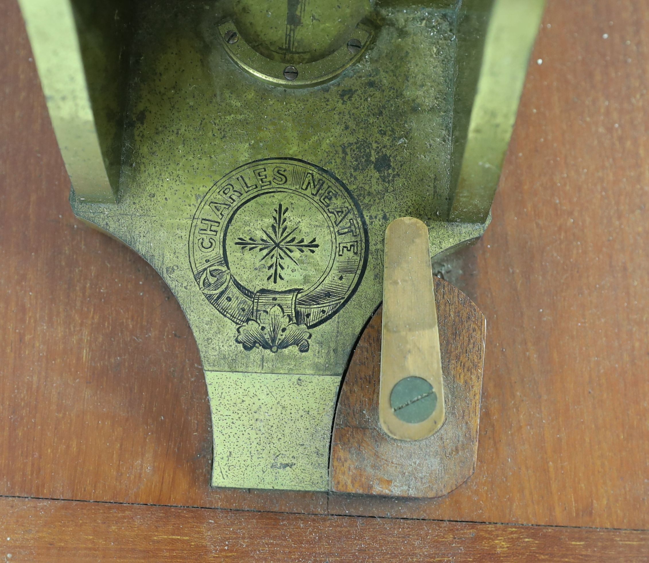 A good Victorian lacquered brass monocular microscope, originally owned by civil engineer Charles Neate (1821-1911), microscope height 59cm